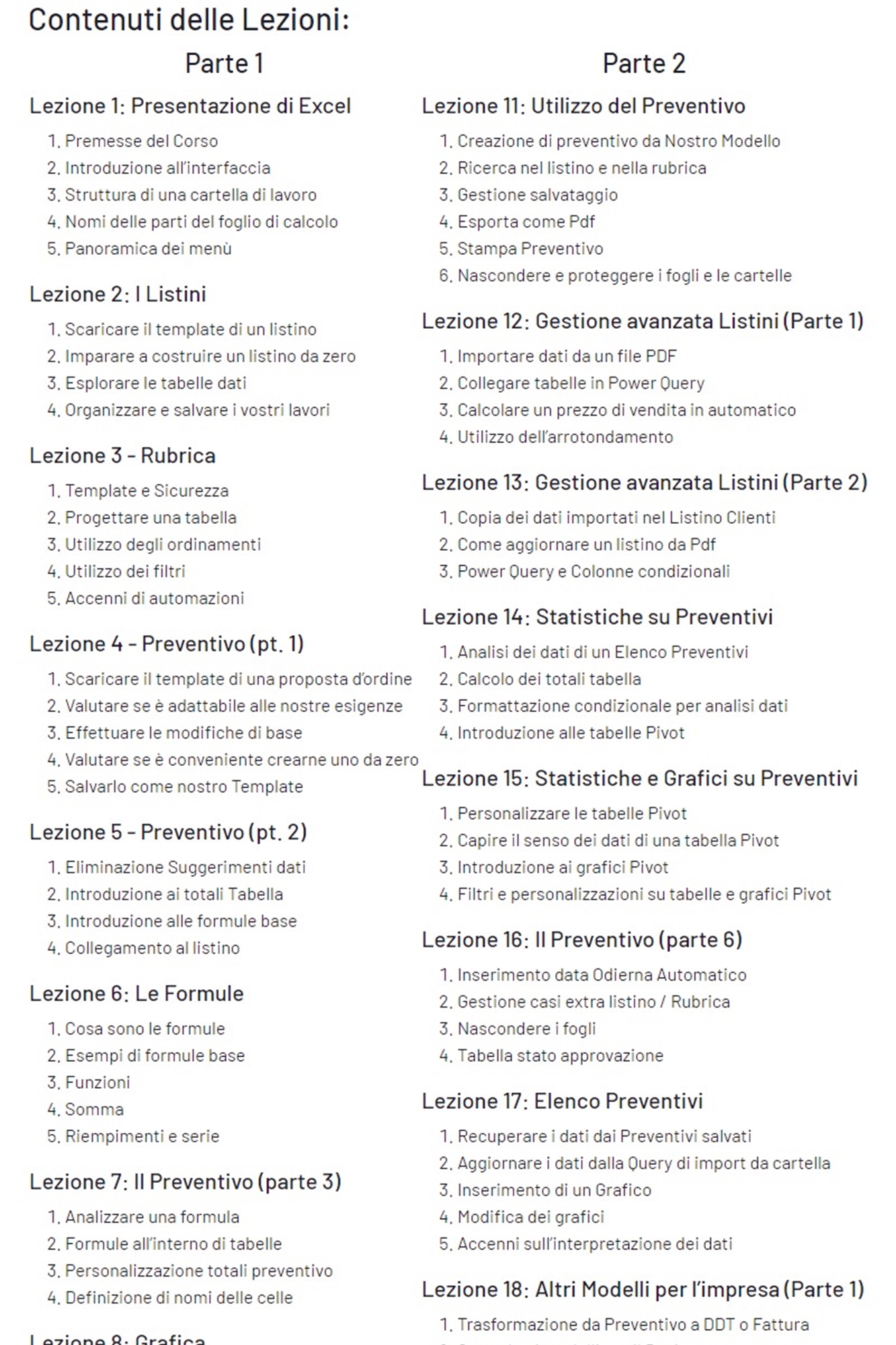 list of lessons Lavora con Excel